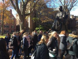 YALE UNIVERSITY TOUR: APs rubbing the golden toe of Yale's 10th President, Theodore Dwight Woolsey, for good luck.