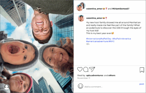 mock Instagram post by @valentina_amor: My new host family showed me all around Manhattan and really made me feel like part of the family! What an avdenture to discover the USA through the eyes of my host kid! This is my best year ever!🥰 #InternationalAuPairDay #AuPairinAmerica #americanadventure #NYC 