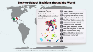 The start of the school year in Mexico is frequently celebrated with La Fiesta de Regreso a Clases or the "Back-to-School Party.” Children reconnect with classmates and teachers through festive activities that may include music, games, and piñatas. In some celebrations, the piñatas are filled with school supplies instead of candy, helping students begin the year with both fun and practical gifts.