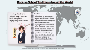 In South Korea, the new school year begins in early March and is marked with a formal entrance ceremony that celebrates the students’ new beginning. Schools are decorated with flowers and balloons as they welcome students with speeches, teachers are introduced, and the older students greet the newcomers. Parents often attend the celebration alongside their children and take photos to commemorate the family milestone.